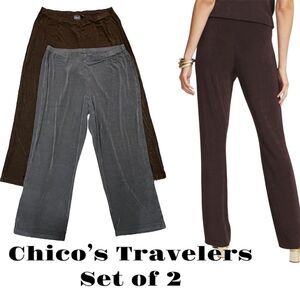 Chico’s Travelers Pants Set of 2 Size 3 XL Gray & Brown Pull-On Wide Leg